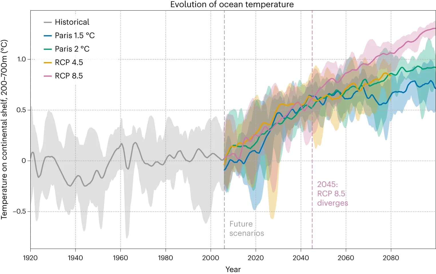 Open access visualization of Line Plot, Error Bars, Temperature, Continental Shelf, Ensemble Mean