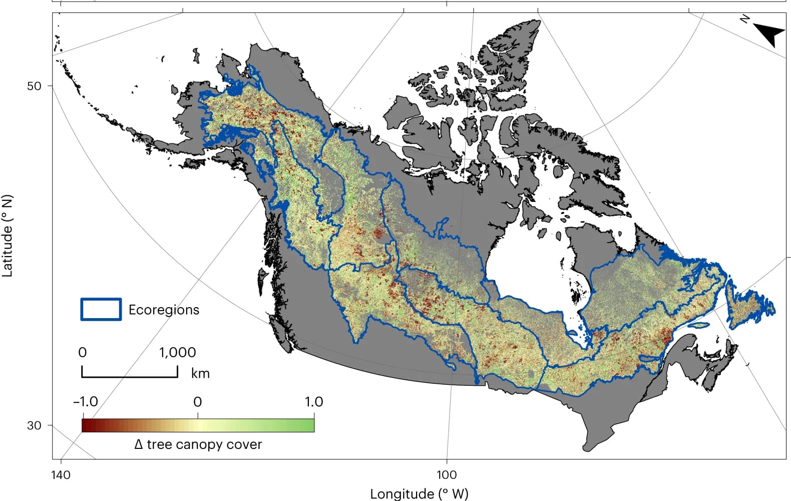 Open access visualization of Geo Map, Tree Canopy Cover, Boreal Domain, Change Detection