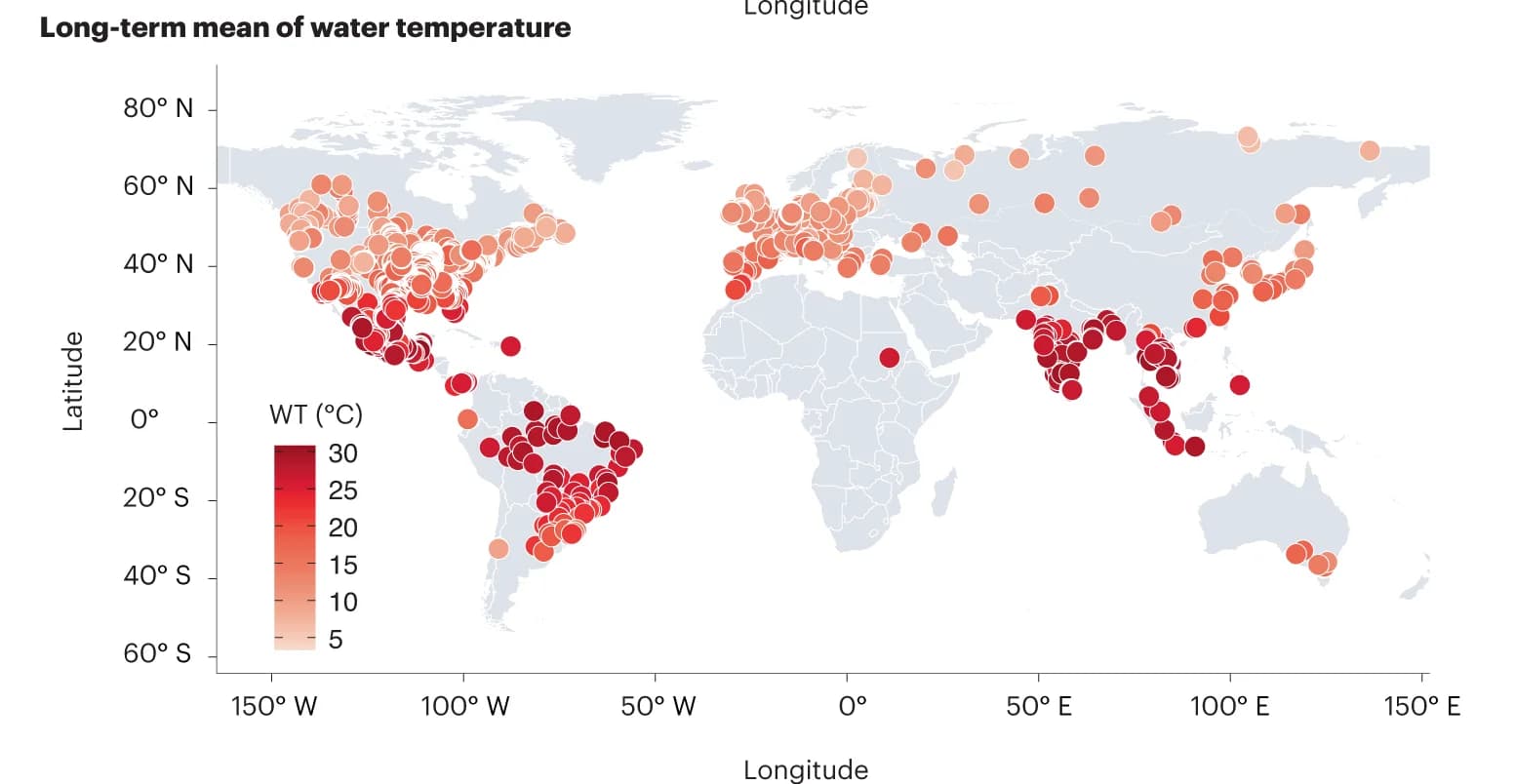 Open access visualization of Geo Map, Water Temperature, Global Map, GRQA Database, Long-Term Mean