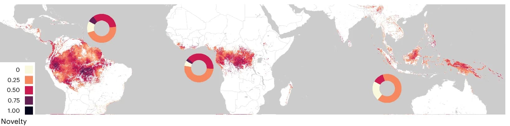 Open access visualization of Geo Map, Donut Chart, Gridded Resolution, Cumulative Temperature Novelty, Temperature Variables