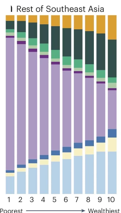 Open access visualization of Stacked Bar Plot, Rest of Southeast Asia, Expenditure Levels, Regional Expenditure Deciles, Food Categories