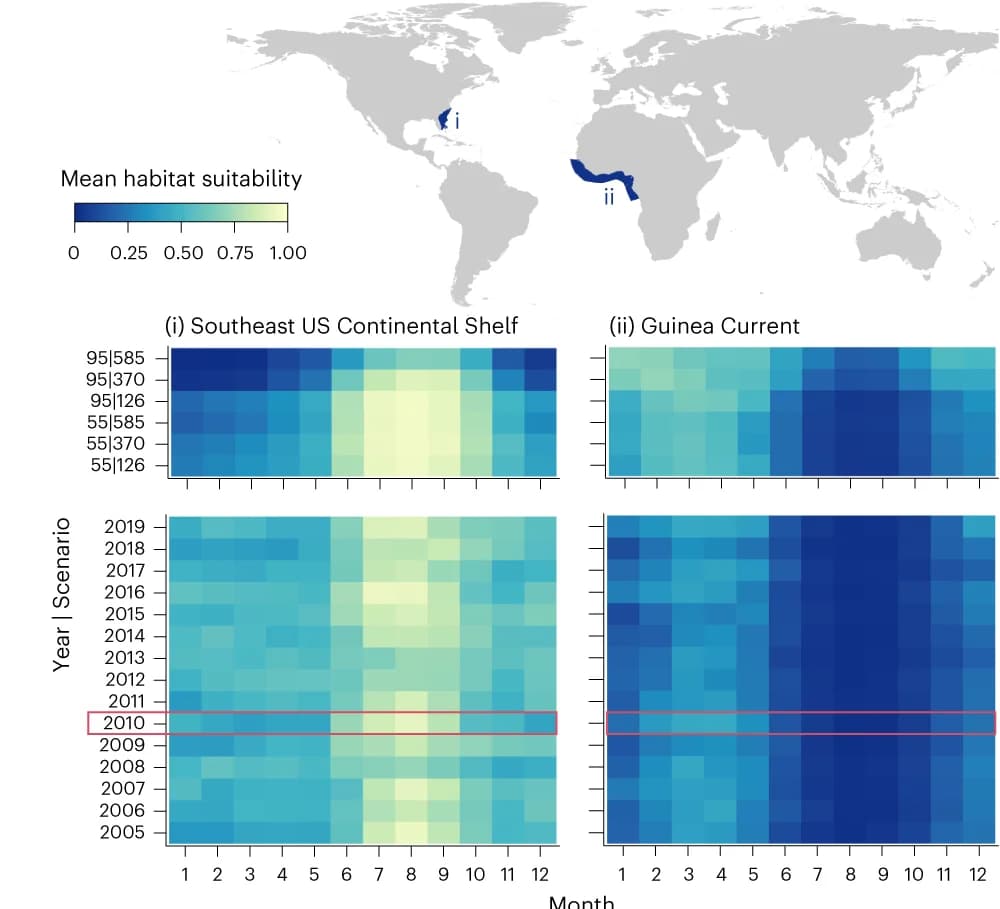 Open access visualization of Heatmap, Geo Map, Habitat Suitability, Large Marine Ecosystems, North Atlantic