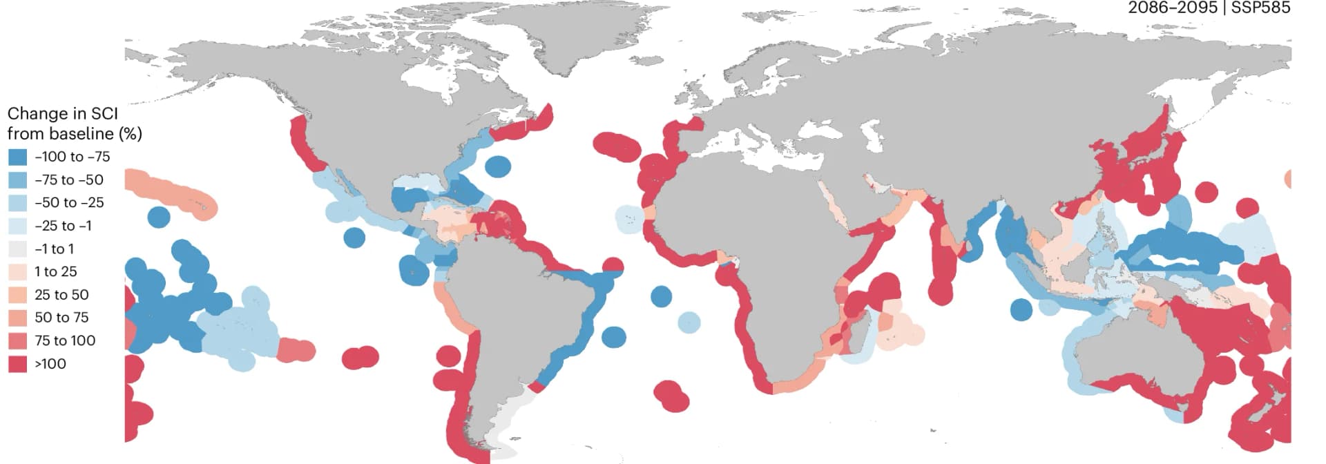 Open access visualization of Geo Map, EEZ Marine Regions, SCI, Baseline Years, SSP585