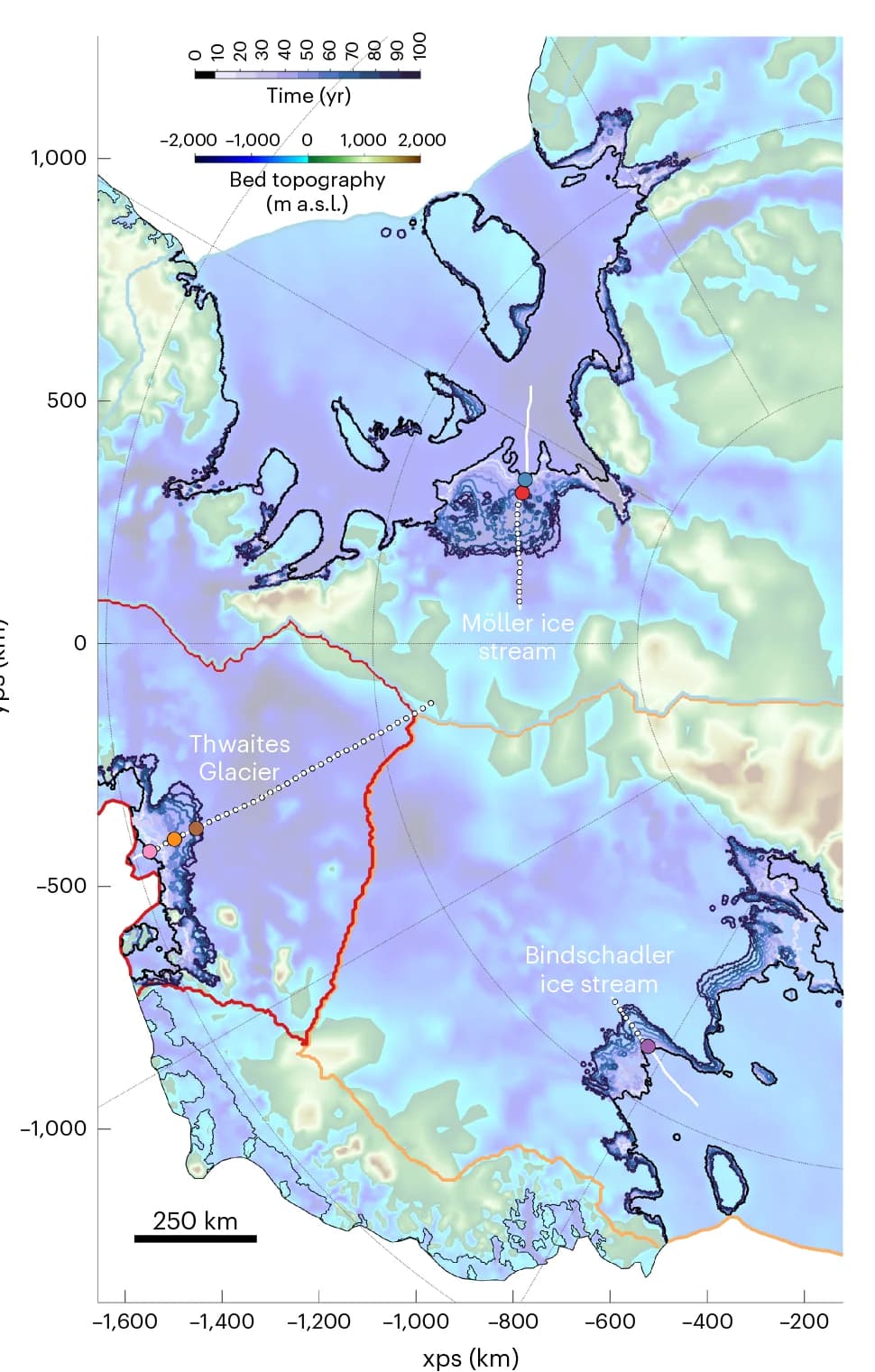 Open access visualization of Geo Map, Grounding Line Positions, NEMO4 Simulation, Bed Topography, Ice Streams