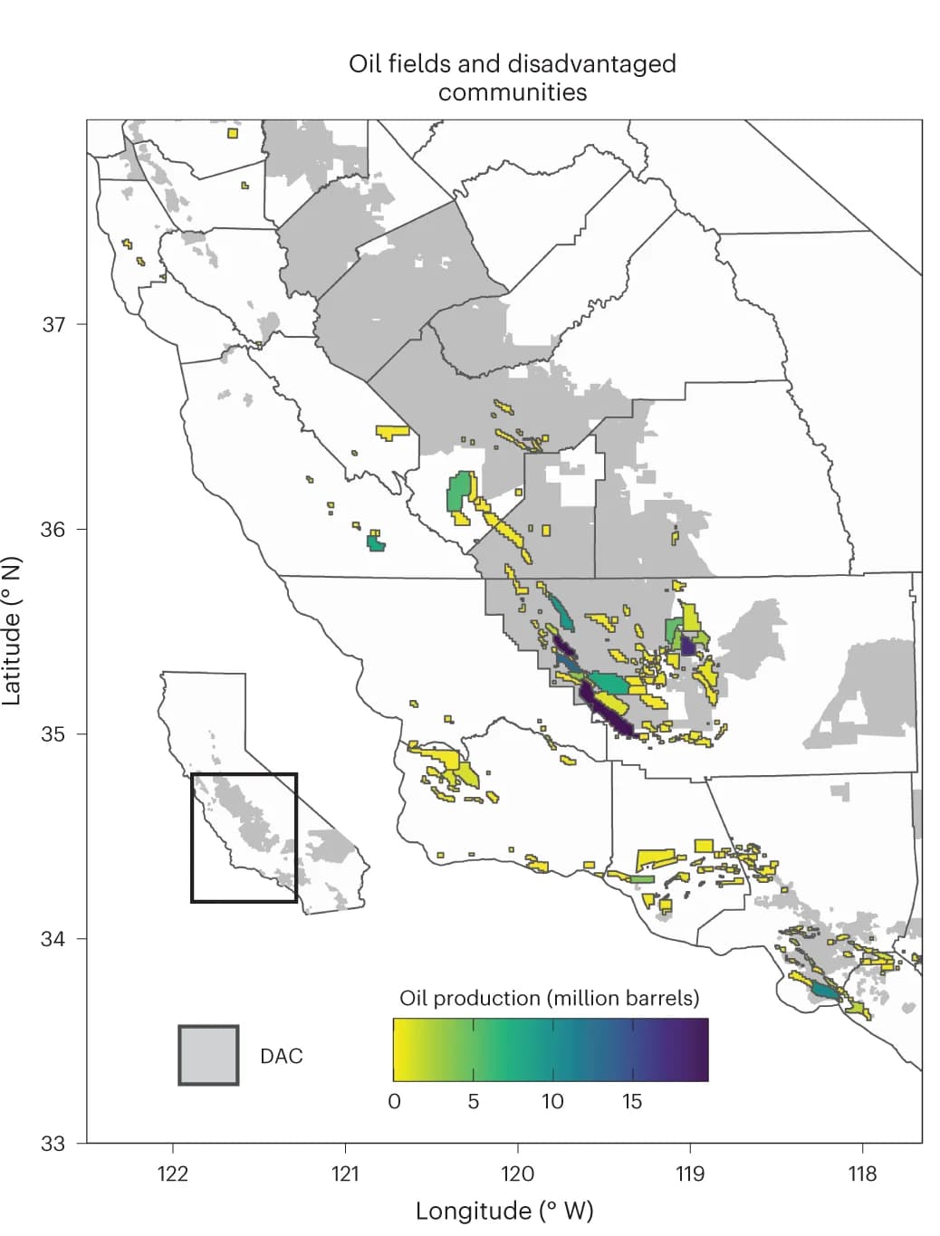 Open access visualization of Geo Map, Oil production, Disadvantaged communities, Census tracts