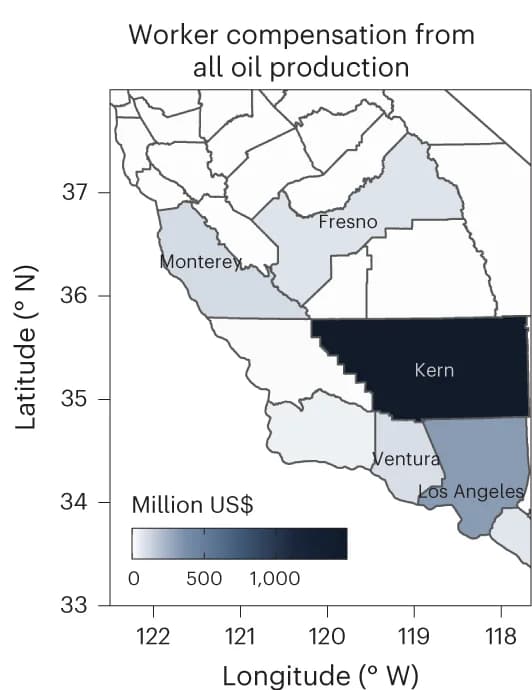 Open access visualization of Geo Map, Worker compensation, County, Oil production