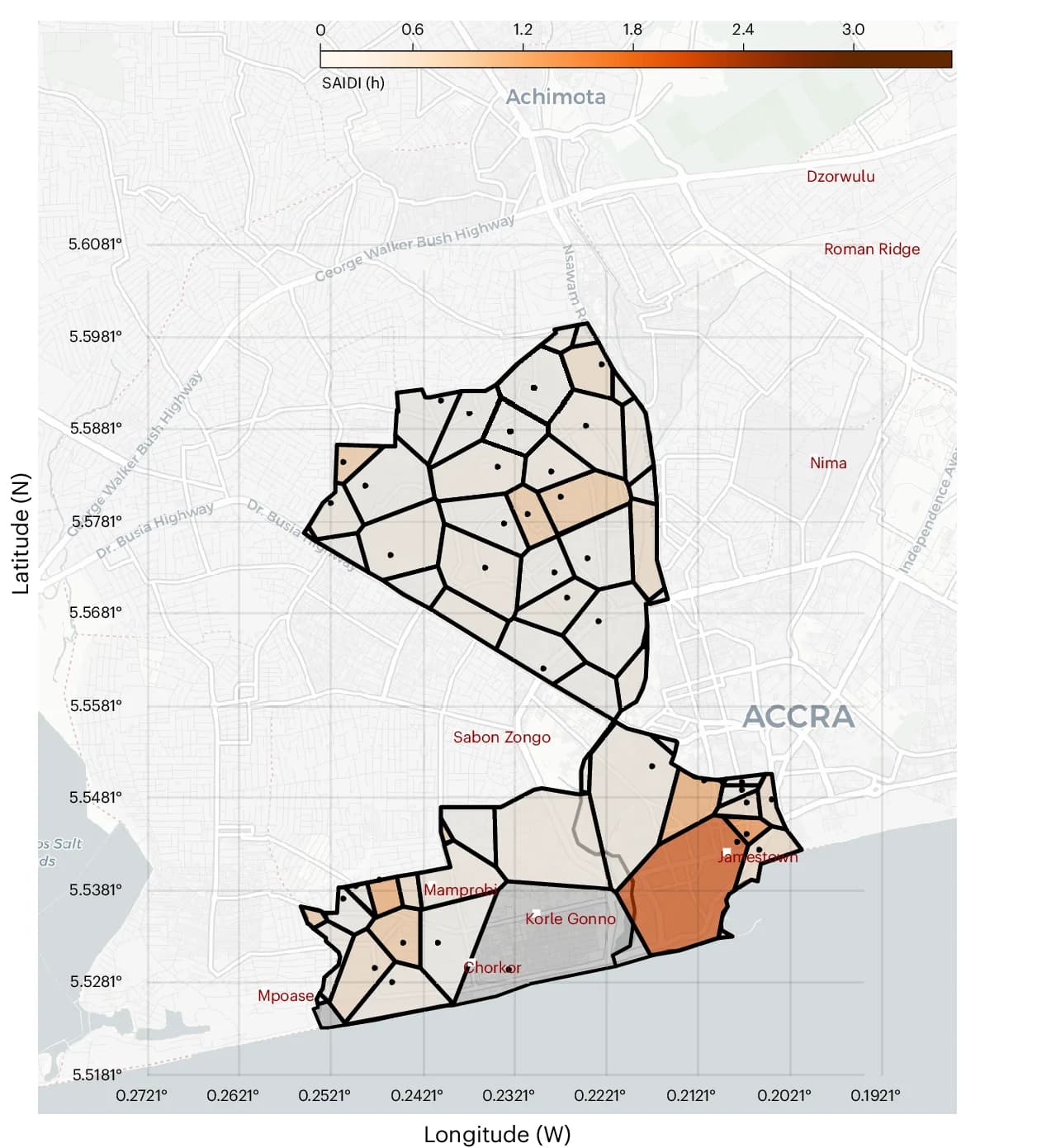 Open access visualization of Geo Map, SAIDI, Accra, AMA MPI, Hotspots
