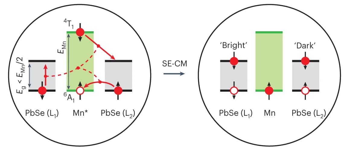Open access visualization of Illustration, Workflow, Spin-Exchange CM, Mn-doped PbSe QDs, Spin Directions