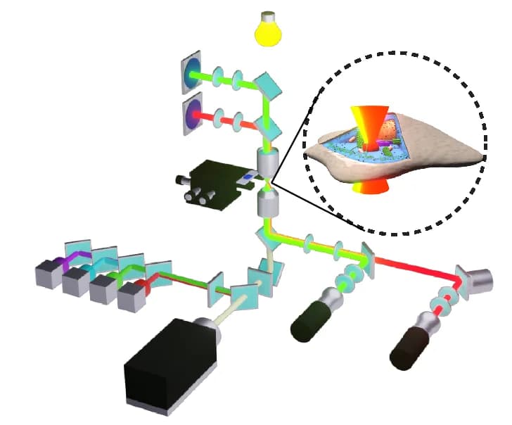 Open access visualization of Workflow, Illustration, Fluorescent Microscope, Optical Tweezers, Detection Lasers