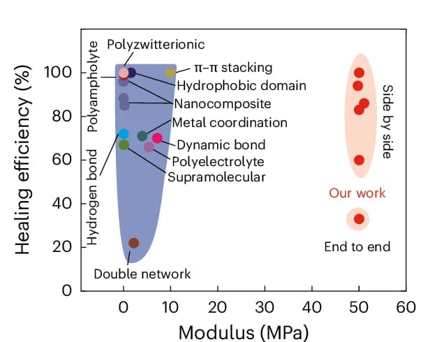 Open access visualization of Scatter Plot, Self-Healing, Nanoconfined Hydrogels, Young's Modulus, Self-Healing Efficiency