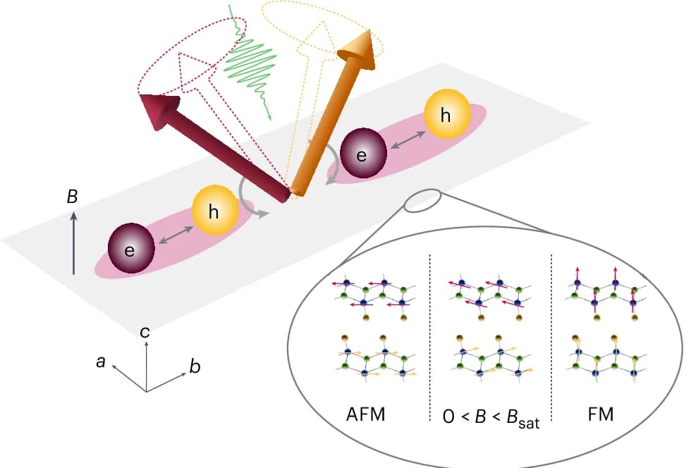 Open access visualization of Illustration, Chemical Structure, Exciton-Exciton Interactions, CrSBr, Magnons