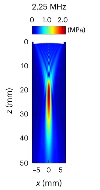 Open access visualization of Heatmap, Radiated Field, 0.5 MHz Transducer, Maximal Pressure, Monochromatic Acoustic Field