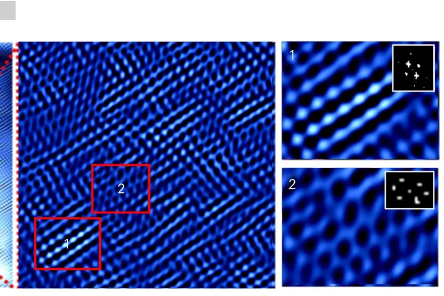 Open access visualization of Microscopy, Zoomed-in image, Criss-cross patterns, Four-fold symmetry, Hexagonal arrangements