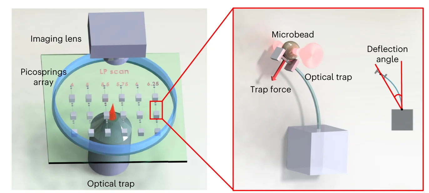 Open access visualization of Illustration, Workflow, Picospring Array, Optical Trap, Cantilever Picospring