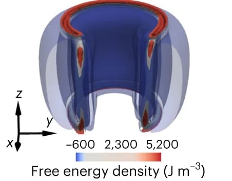 Open access visualization of 3D Plot, Landau–de Gennes free energy density, Curved fiber fragment, Isosurfaces, Vortex line