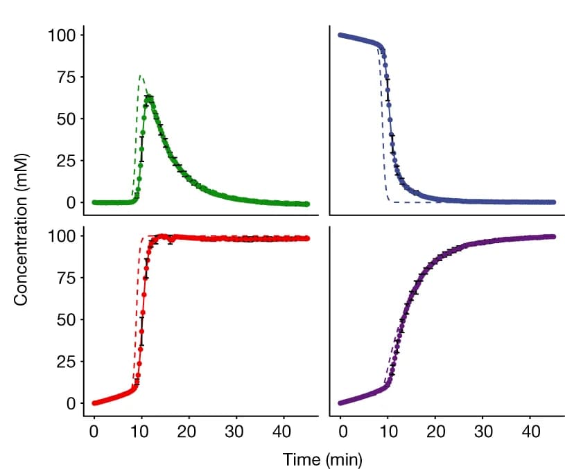 Open access visualization of Line Plot, Error Bars, Experimental data, Model, Differential equations