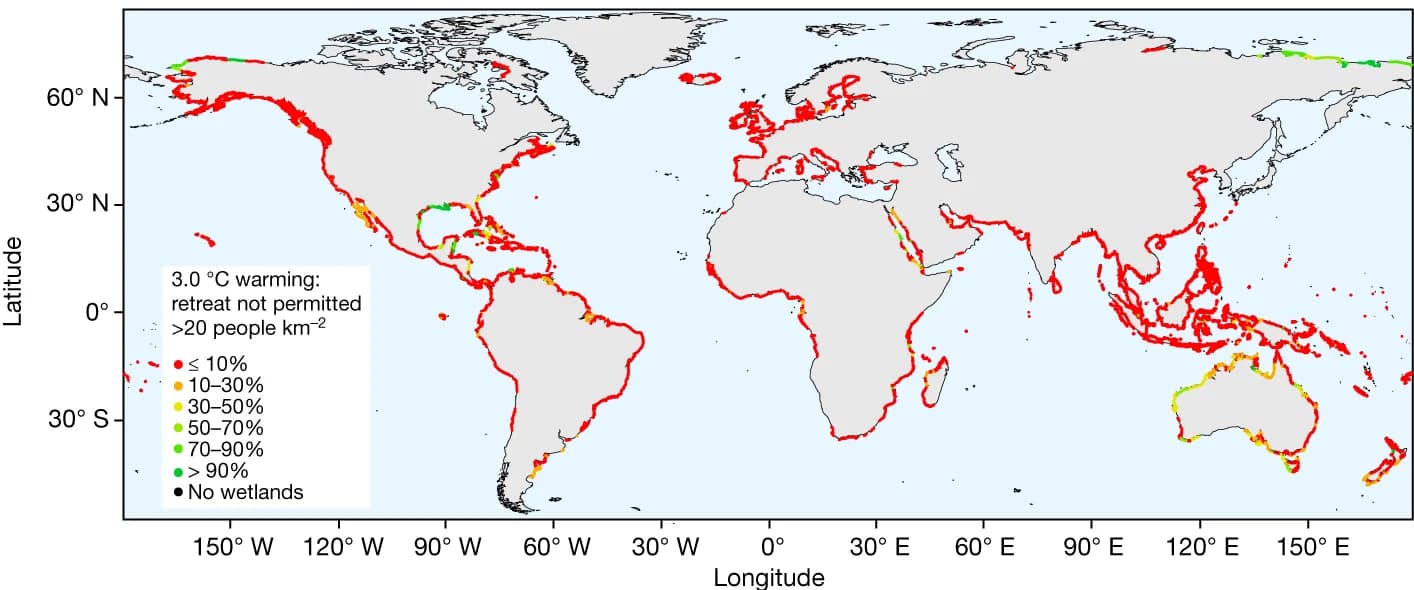 Open access visualization of Geo Map, Wetland, Inland retreat, Population density, Warming scenario