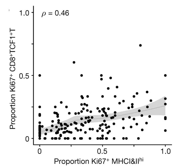 Open access visualization of Scatter Plot, Regression Plot, Proliferative Fraction, CD8+ TCF1+ T Cells, MHCI&II hi cells