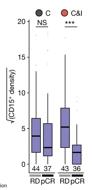 Open access visualization of Box Plot, Scatter Plot, Boxplot, CD15+ Cell, Treatment Arms