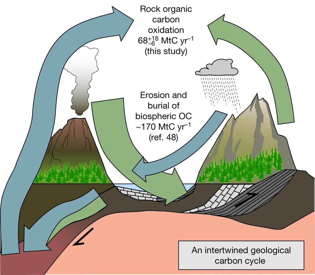 Open access visualization of Workflow, Illustration, Organic Carbon Cycle, OC Petro Oxidation, Biospheric OC