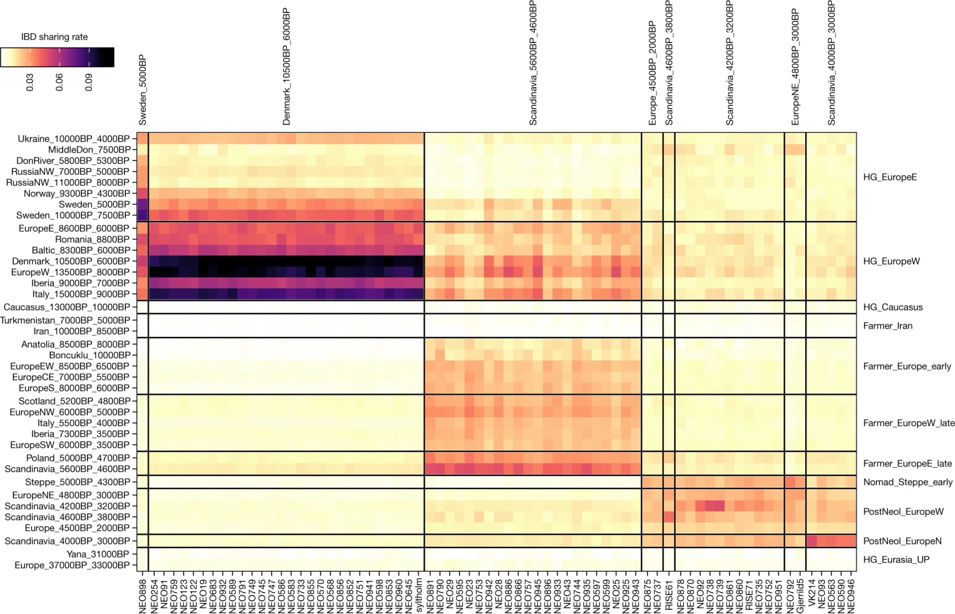 Open access visualization of Heatmap, Heat Map, IBD-Sharing Rate, Ancient Individuals, Denmark