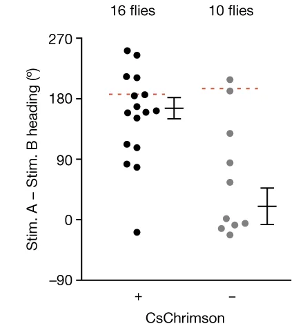 Open access visualization of Scatter Plot, Error Bars, Heading Direction, CsChrimson, Stimulation Trials