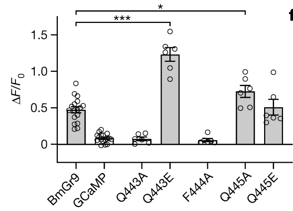 Open access visualization of Bar Plot, Error Bars, Fluorescence Changes, BmGr9, Mutants