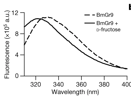 Open access visualization of Line Plot, Tryptophan Fluorescence, Emission Spectra, BmGr9, D-Fructose