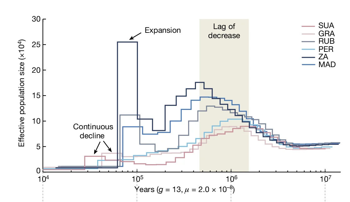 Open access visualization of Line Plot, Line Step, PSMC Model, Effective Population Size, Malagasy Baobabs