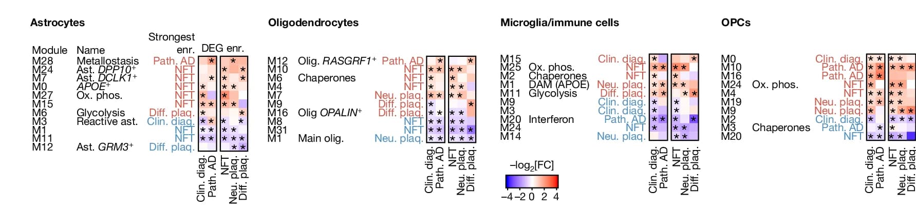 Open access visualization of Heatmap, Enrichment, AD DEGs, Glial Gene Expression Modules, Fold Change