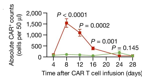 Open access visualization of Line Plot, Error Bars, CAR T Cell Expansion, Peripheral Blood, Nalm6-bearing Mice