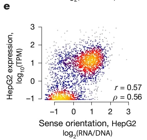 Open access visualization of Scatter Plot, HepG2 expression, Sense orientation, RNA/DNA, log10(TPM)