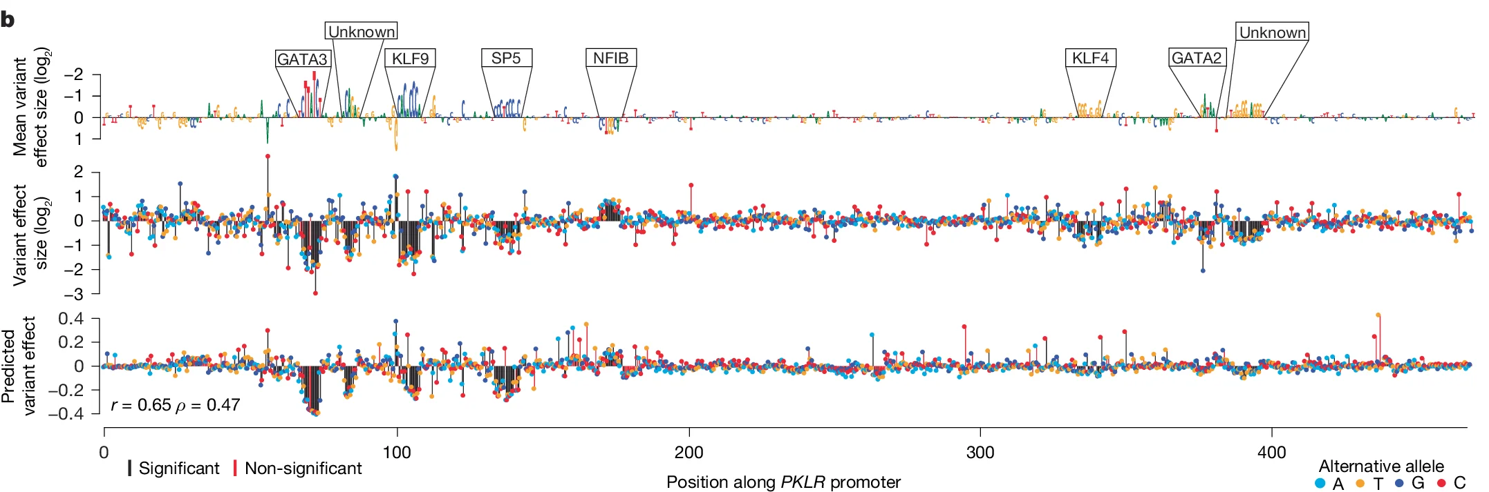 Open access visualization of Stem Plot, Sequence Logo, Variant effect, PKLR promoter, Significant