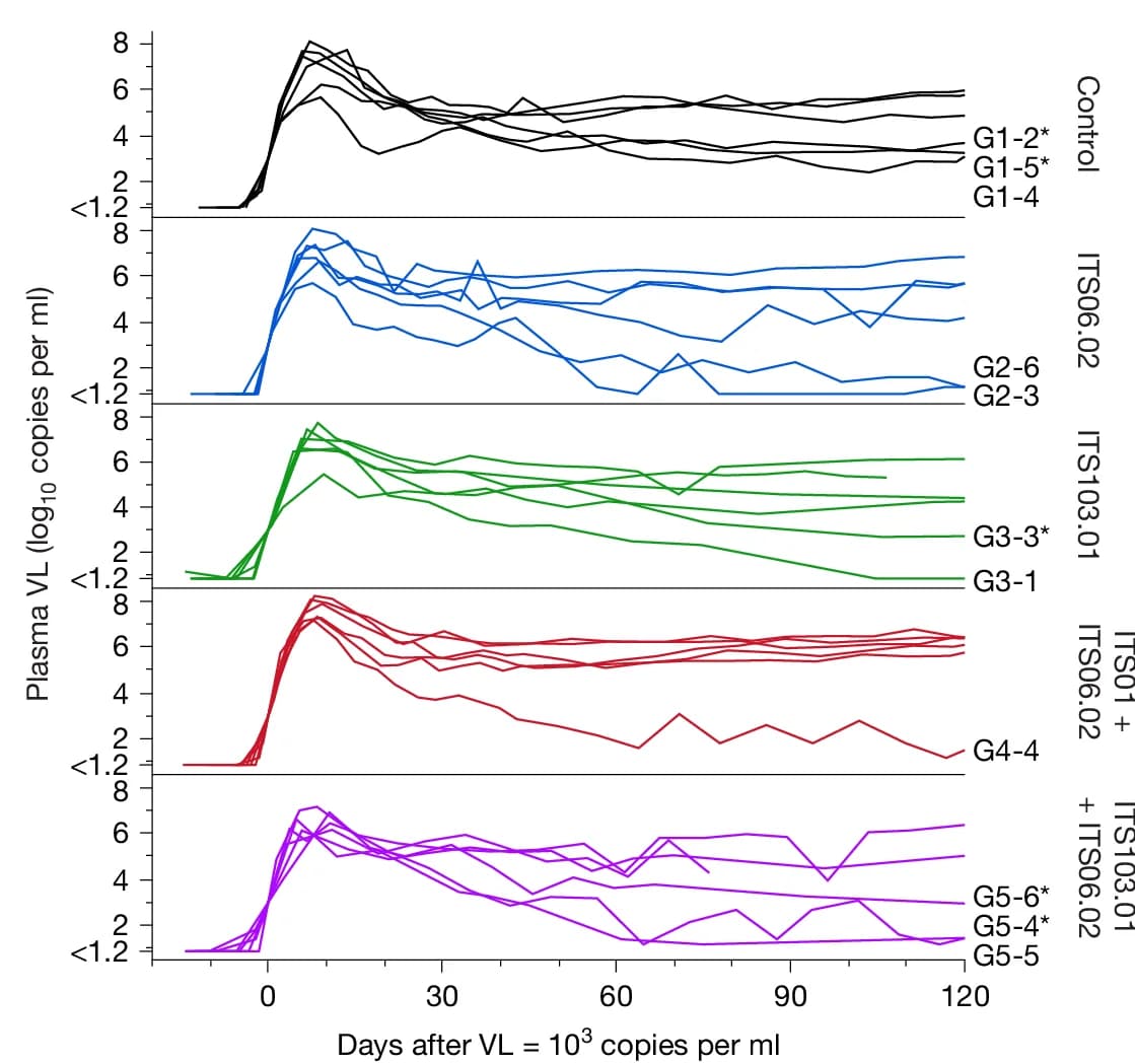 Open access visualization of Line Plot, Plasma Viral Load, Treatment Group, Longitudinal Study, MHC Alleles