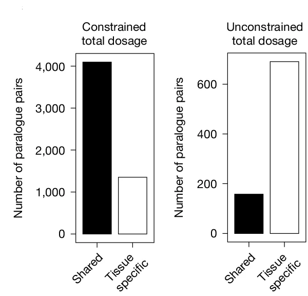 Open access visualization of Bar Plot, Clustered, Tissue Specificity, Paralogue Pairs, Dosage