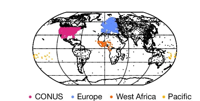 Open access visualization of Geo Map, Scatter Plot, Geographic Regions, Land Stations, Distribution