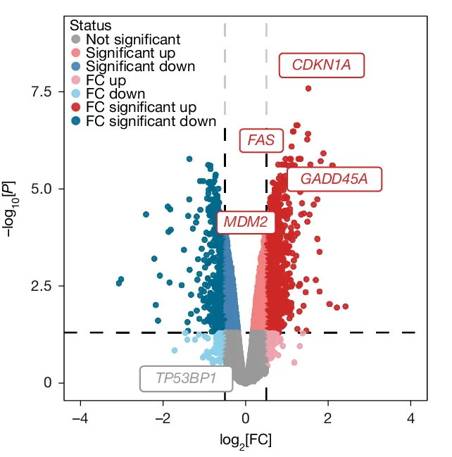 Open access visualization of Volcano Plot, Scatter Plot, Differentially Expressed Genes, U-2 OS Cells, Bulk RNA-seq Analysis