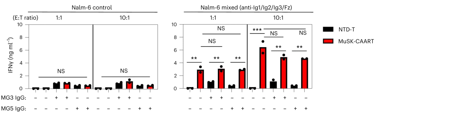 Open access visualization of Bar Plot, Human IFNγ, NTD-T, MuSK-CAART, Coculture Supernatants