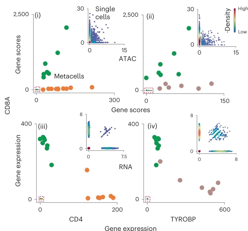 Open access visualization of Scatter Plot, Density Plot, Metacell Accessibility, Metacell Expression, CD4 T Cells