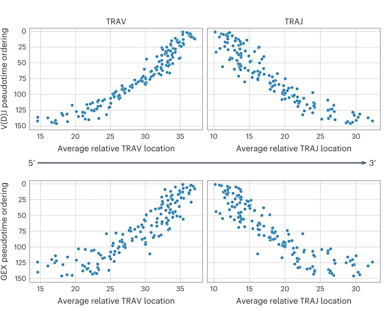 Open access visualization of Scatter Plot, Scatterplots, Pseudotime, TRAV, TRAJ
