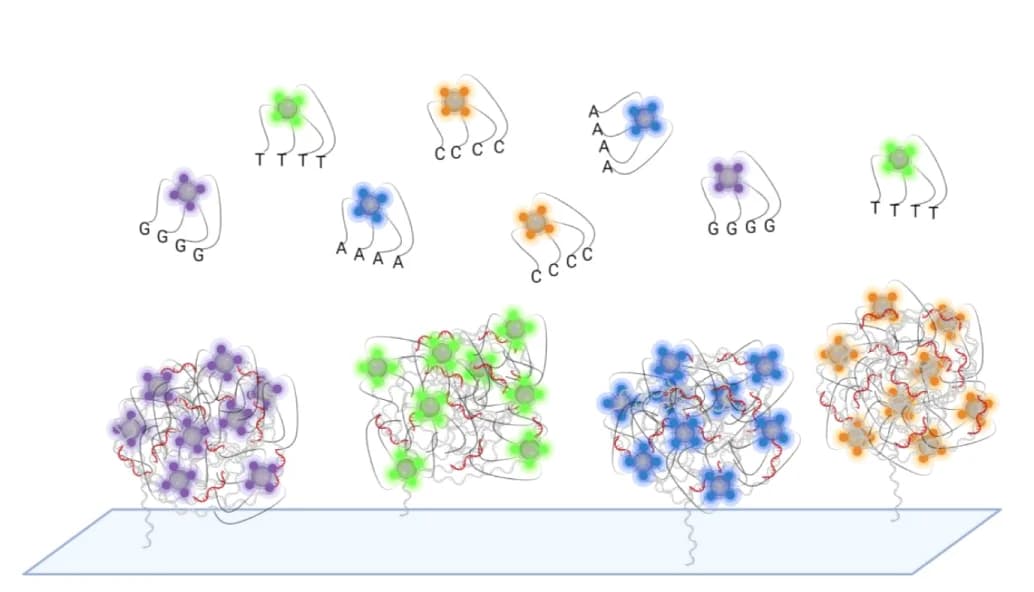 Open access visualization of Illustration, DNA Polonies, Avidites, Polymer Linkers, Nucleotide Substrates
