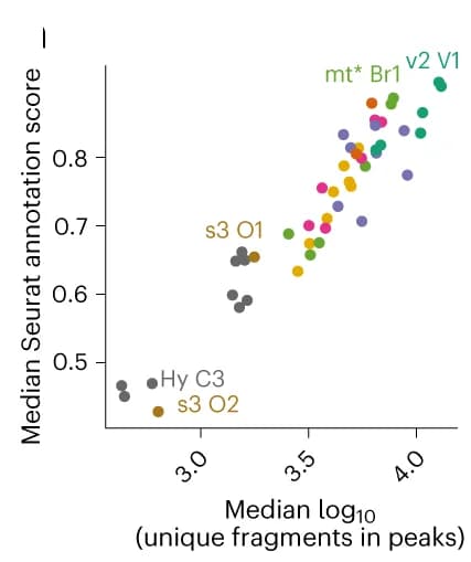 Open access visualization of Scatter Plot, Seurat Score, Unique Fragments, Peak Regions, Cells
