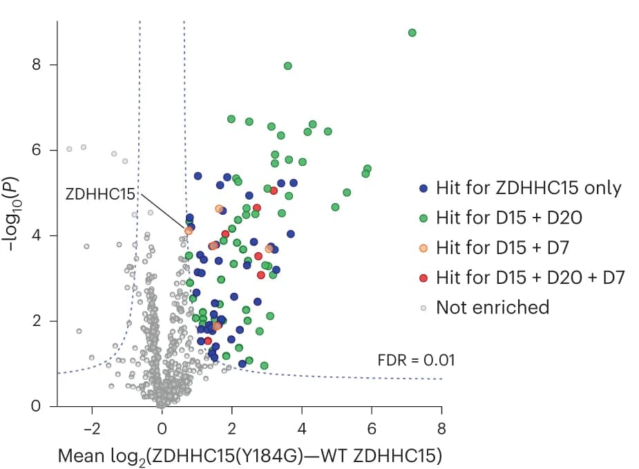 Open access visualization of Scatter Plot, ZDHC15, Substrate Discovery, HEK293T Cells, OBH Workflow