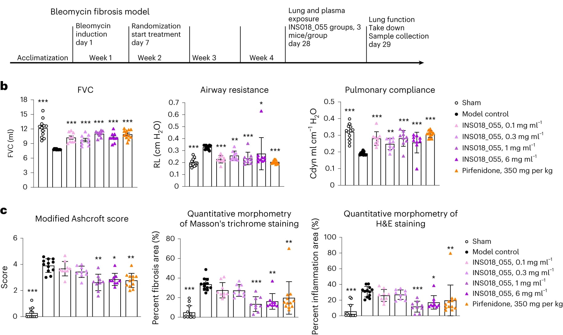 Open access visualization of Bar Plot, Error Bars, Scatter Plot, Study Design, Bleomycin-Induced Lung Fibrosis Model
