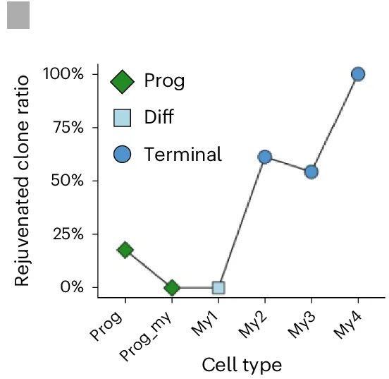 Open access visualization of Line Plot, Scatter Plot, Rejuvenated Clones, Clone Age, Myeloid Cells