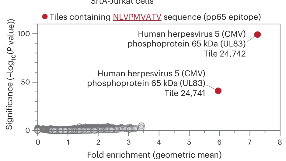 Open access visualization of Scatter Plot, Volcano Plot, NLV3 TCR, SrtA-Jurkats, Genome-Wide Viral Library