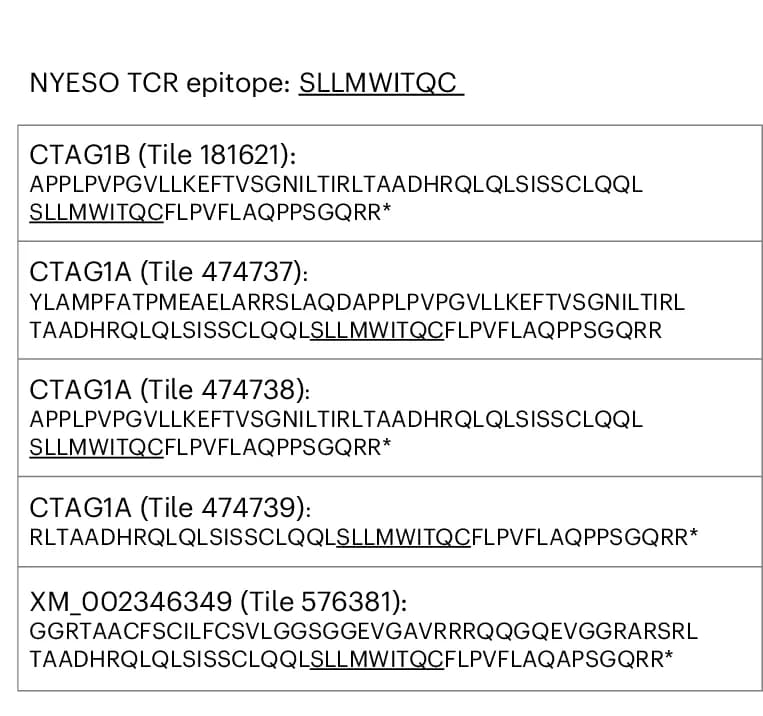 Open access visualization of Table Image, Peptide Fragments, IG4 TCR Screen, Epitope