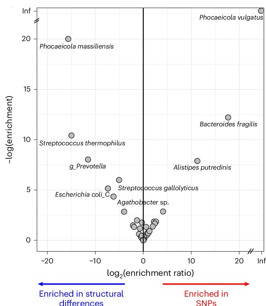 Open access visualization of Volcano Plot, Scatter Plot, Species Enrichment, SNPs, Structural Differences