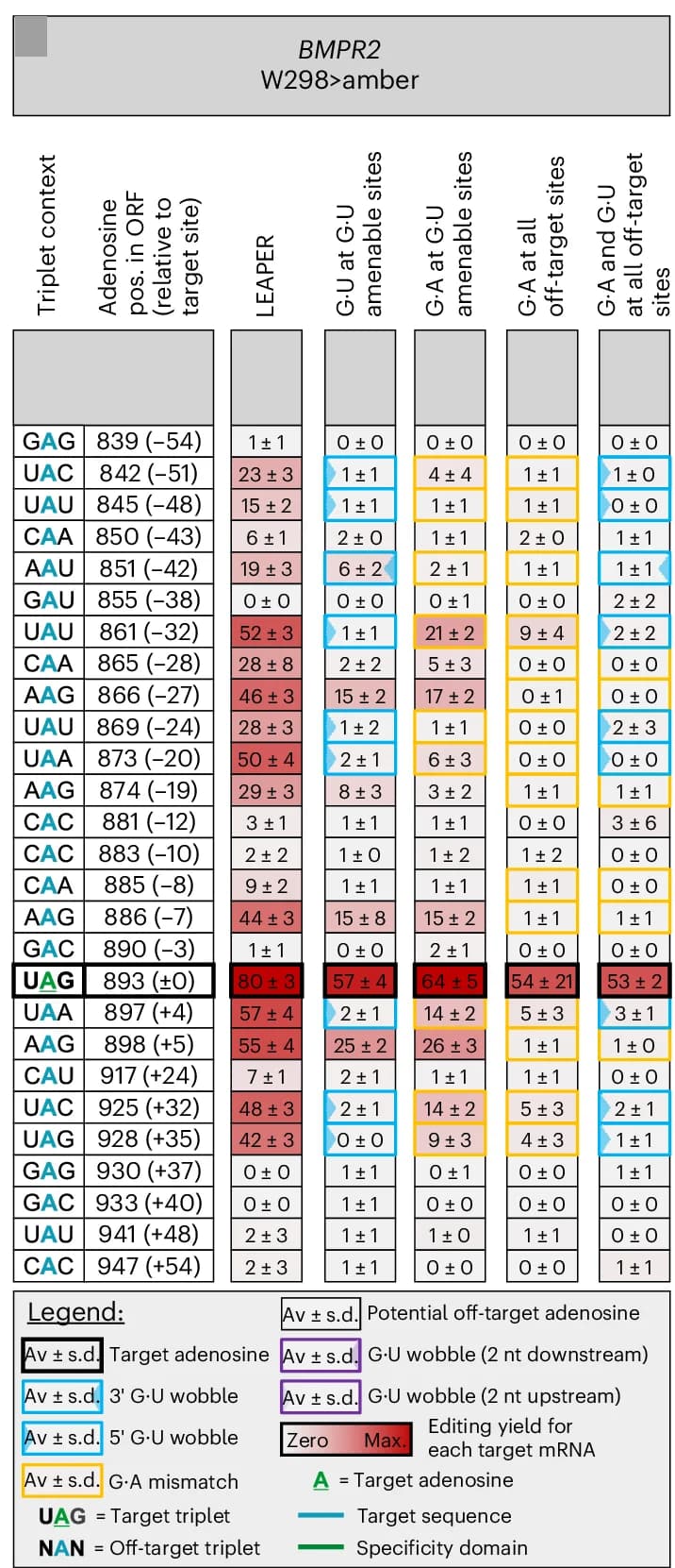 Open access visualization of Table Image, Editing Heat Maps, LEAPER Guide RNA, BMPR2 Transcript, G.A Mismatches