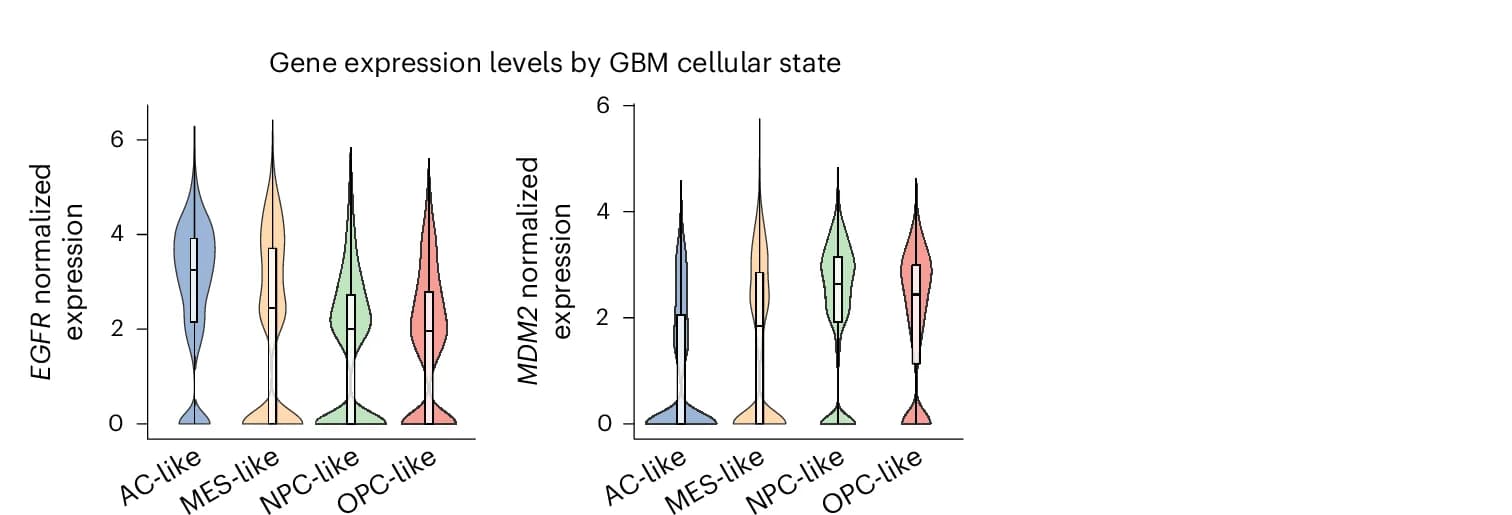 Open access visualization of Violin Plot, Box Plot, Expression Levels, EGFR, MDM2